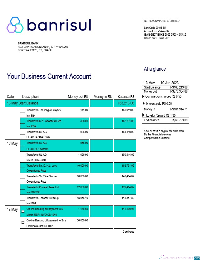 Download Banrisul Bank Business statement Word and PDF template Photoshop template